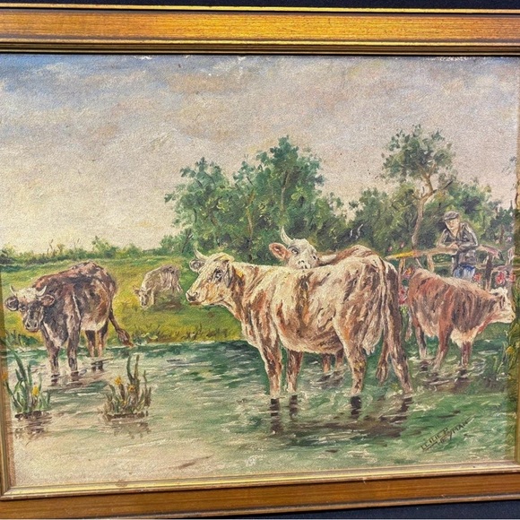 Antique Original Signed Custom Framed Oil Painting Cattle Watering Landscape